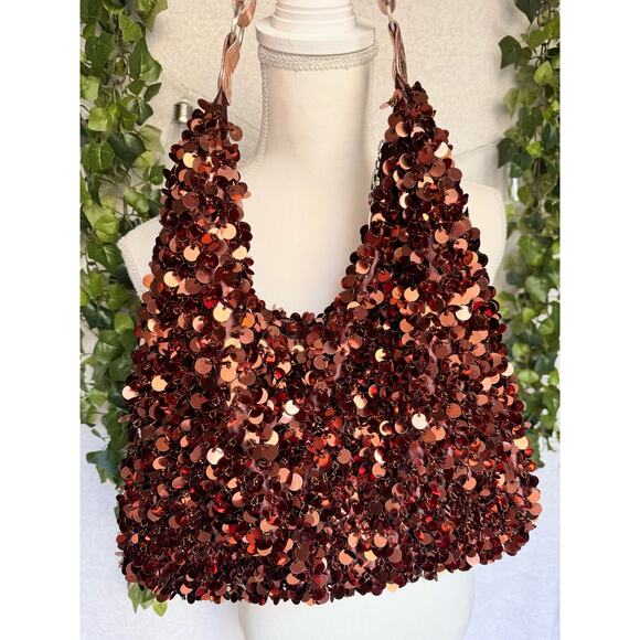 Y2K Sequin Shaggy Shoulder Bag Purse Brown Shiny Sparkly - Picture 7 of 13